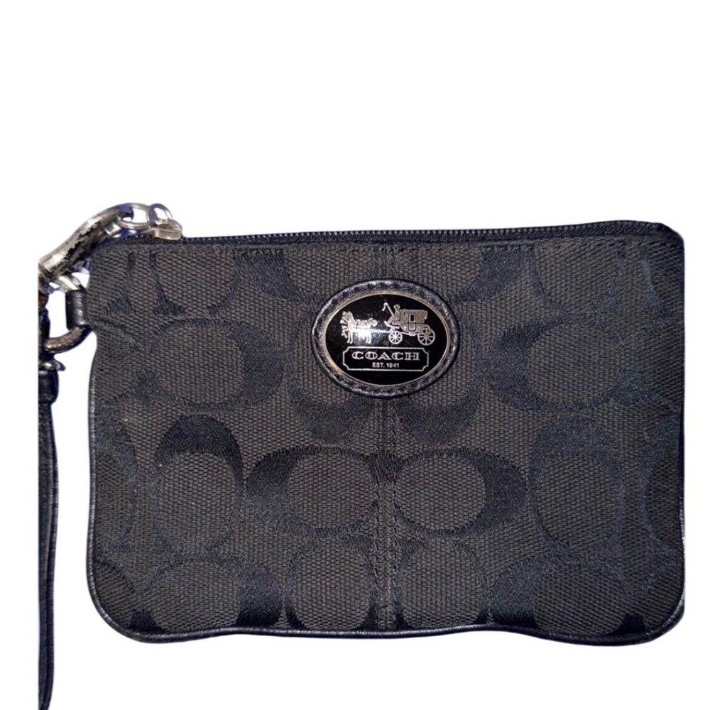 Coach Wristlet Women Small Black Excellent Signature Monogram Canvas Zip